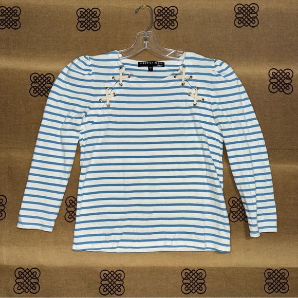 Veronica Beard Eli Baseball Blue/White Striped Tee Puff Long Sleeve Top Size S - Picture 2 of 11